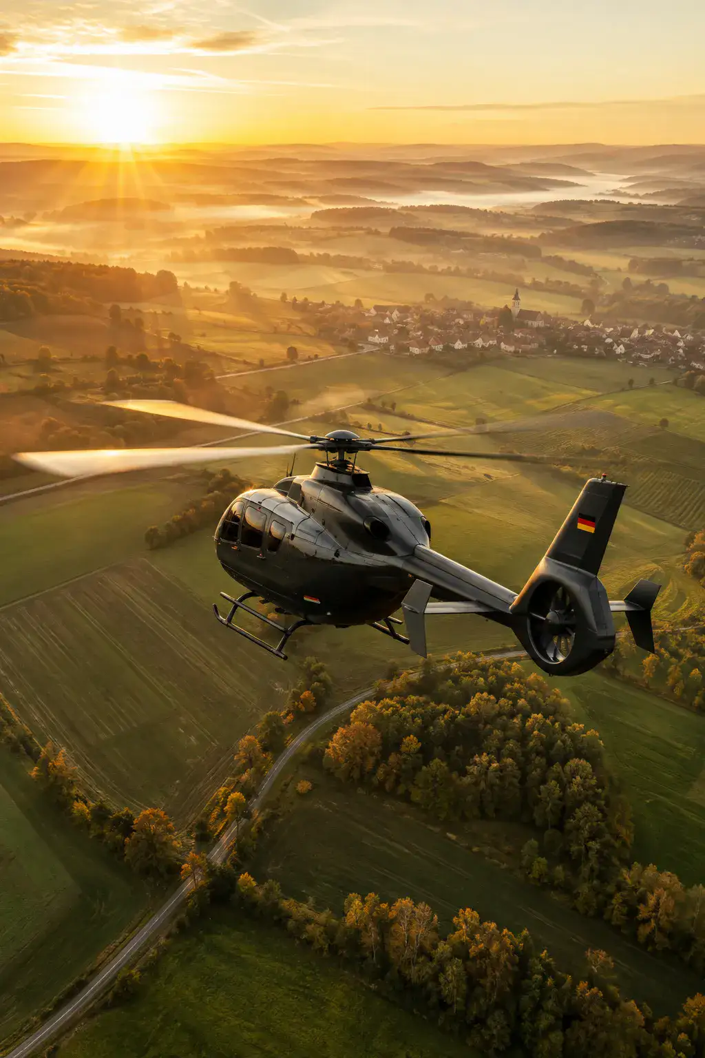 Privater Helikopter über einer deutschen Landschaft