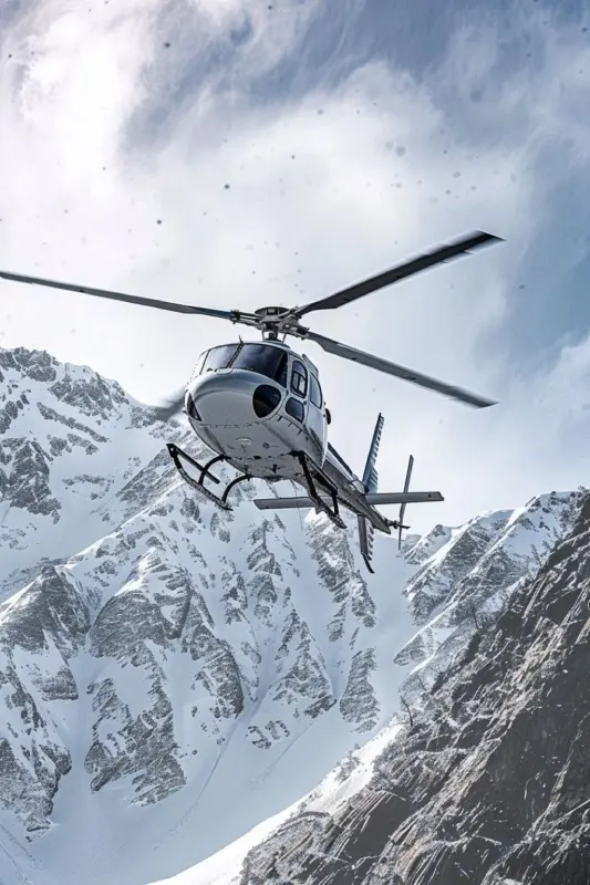 Helikopter über einer deutschen Landschaft bei Sonnenaufgang